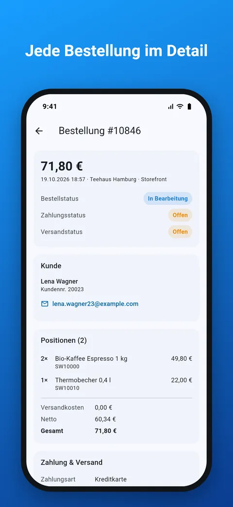 Bestelldetail mit Positionen, Adressen, Zahlung und Versand