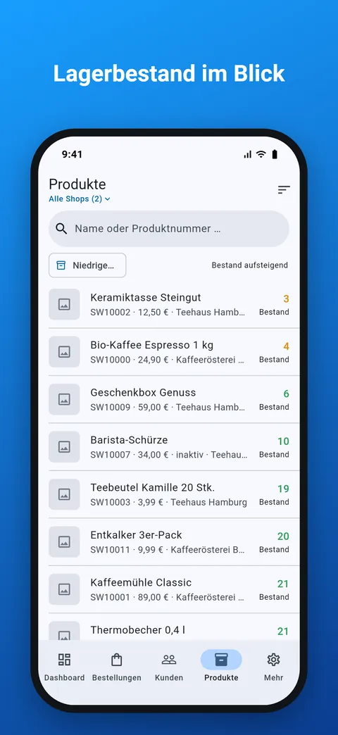 Produkte, sortiert nach dem niedrigsten Lagerbestand