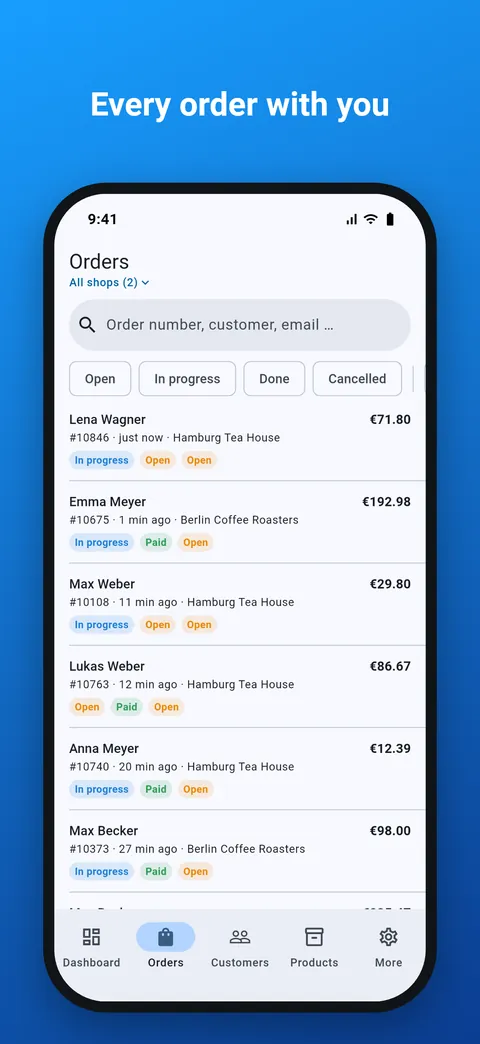 List of all orders with search and status filter