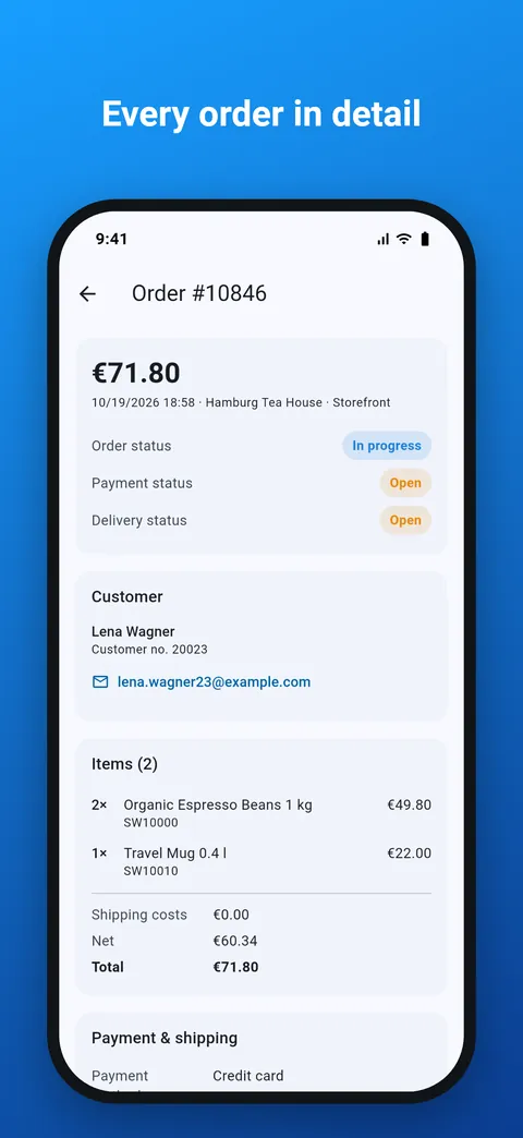 Order details with line items, addresses, payment and shipping
