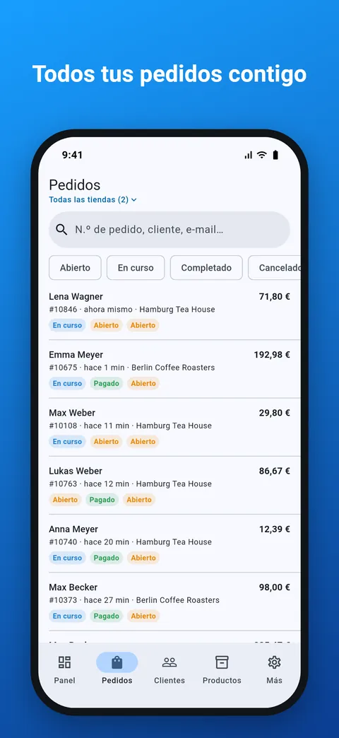 Lista de todos los pedidos con búsqueda y filtro de estado