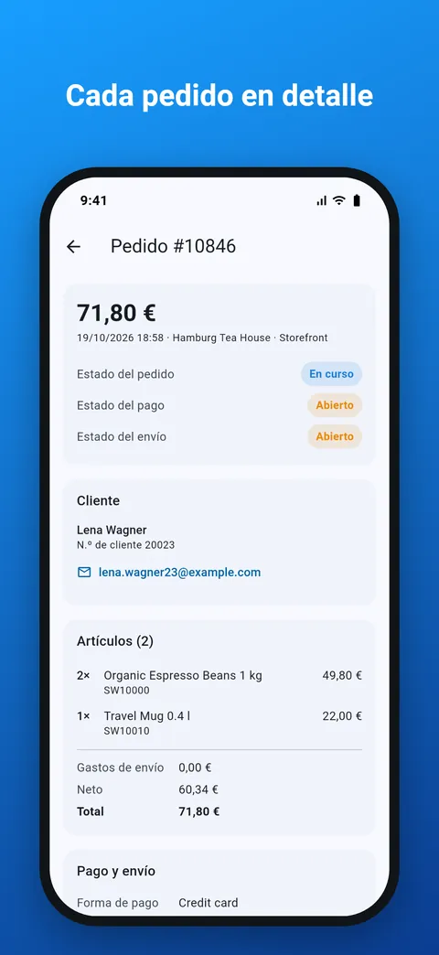 Detalle del pedido con artículos, direcciones, pago y envío