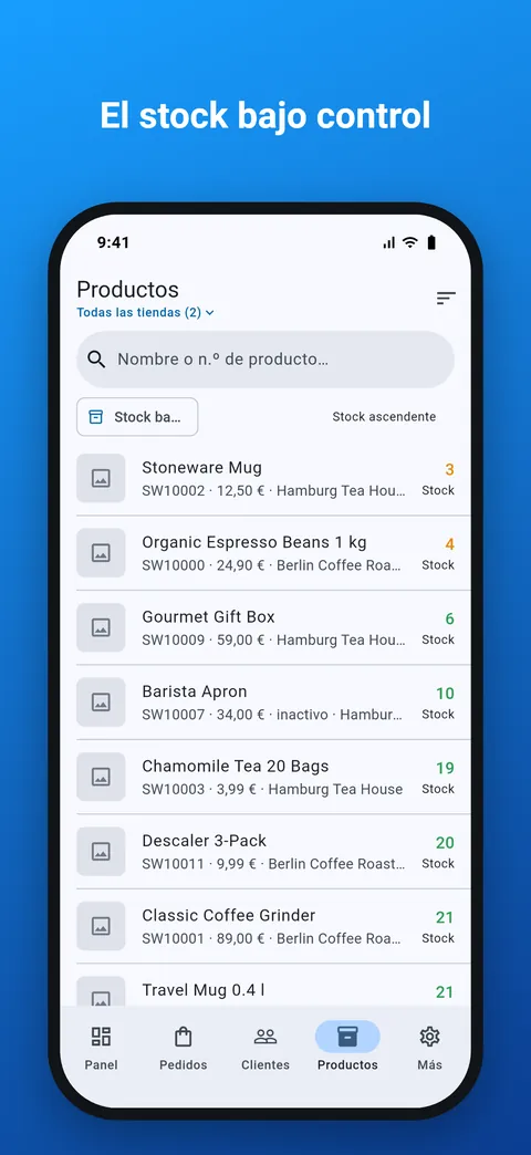 Productos ordenados por el stock más bajo
