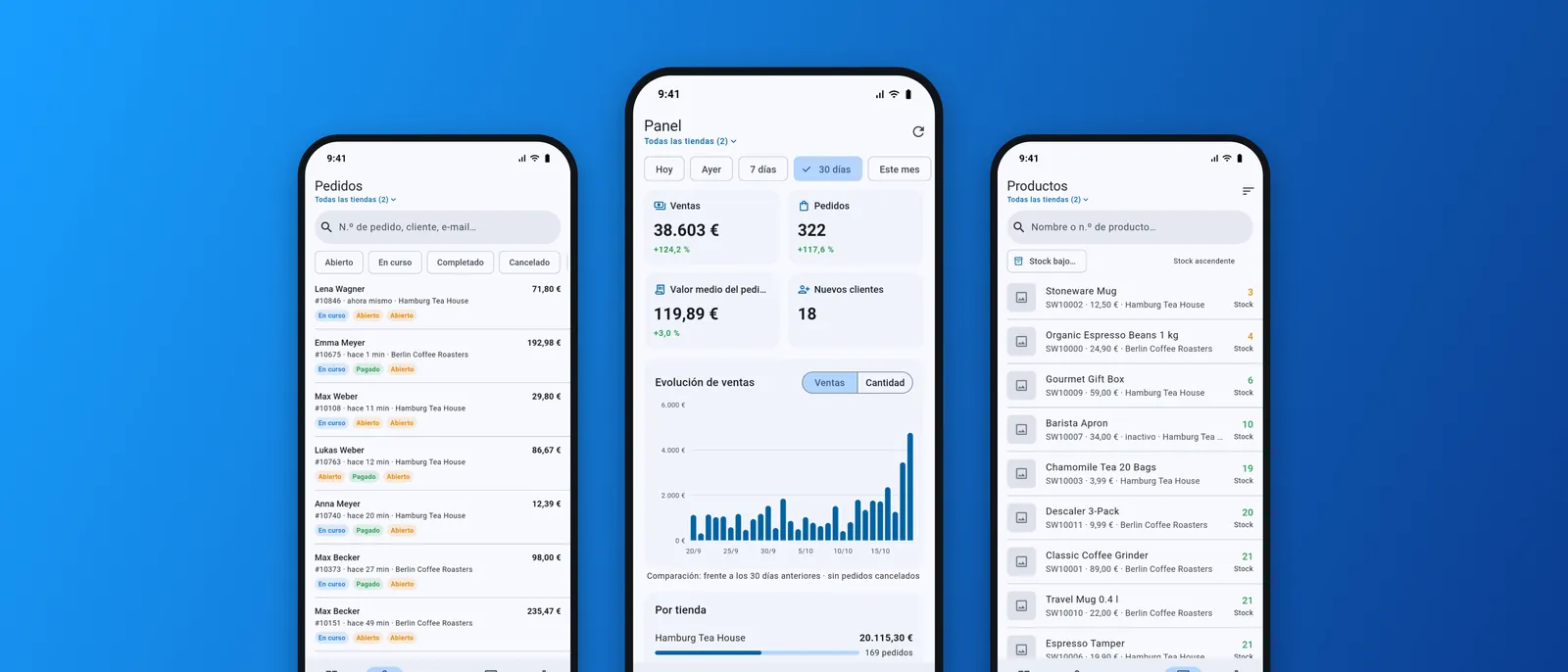 Tres pantallas de la app: pedidos, panel y productos