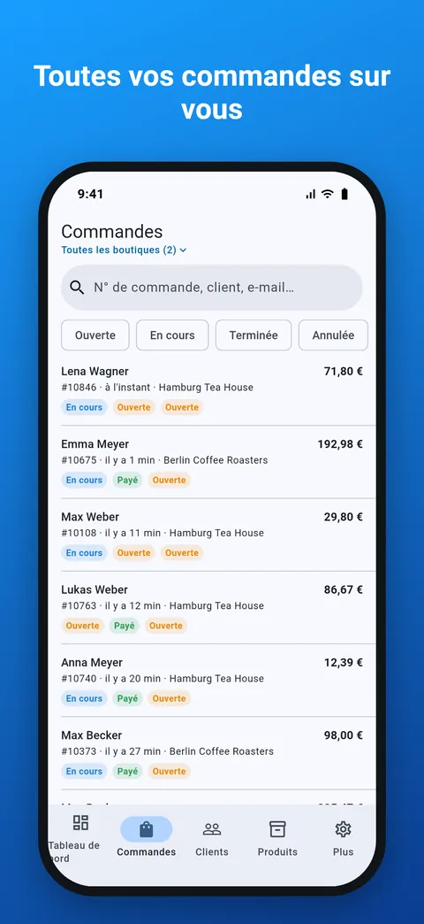 Liste de toutes les commandes avec recherche et filtre de statut
