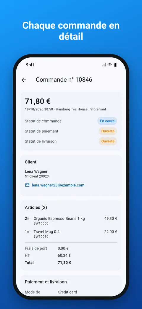 Détail d'une commande avec articles, adresses, paiement et livraison