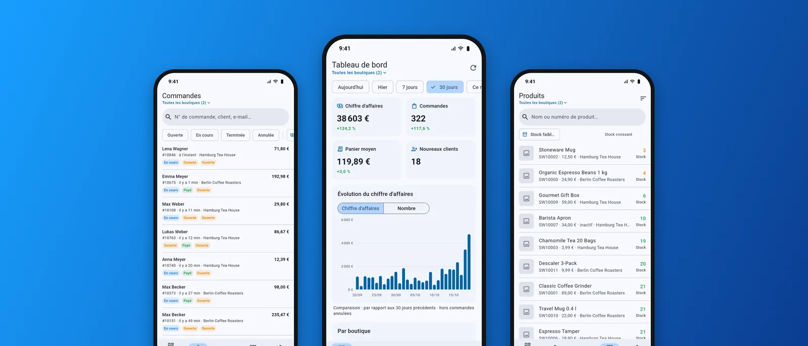 Trois écrans de l'application : commandes, tableau de bord et produits