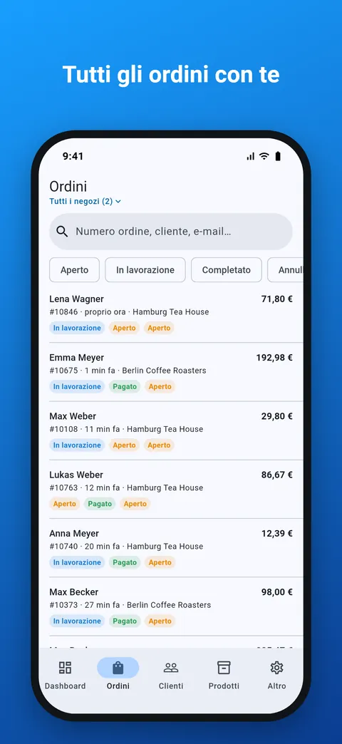Elenco di tutti gli ordini con ricerca e filtro per stato