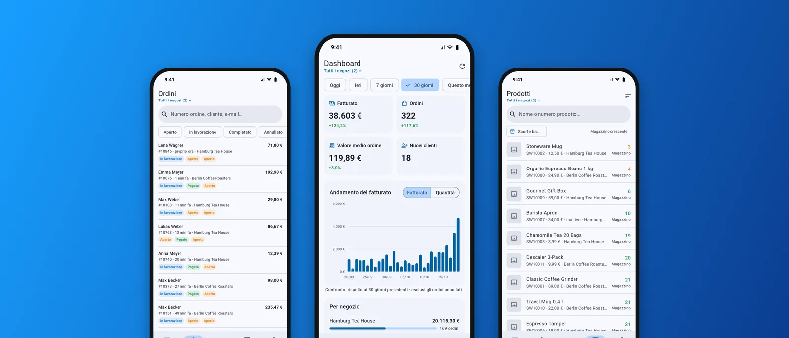 Tre schermate dell'app: ordini, dashboard e prodotti