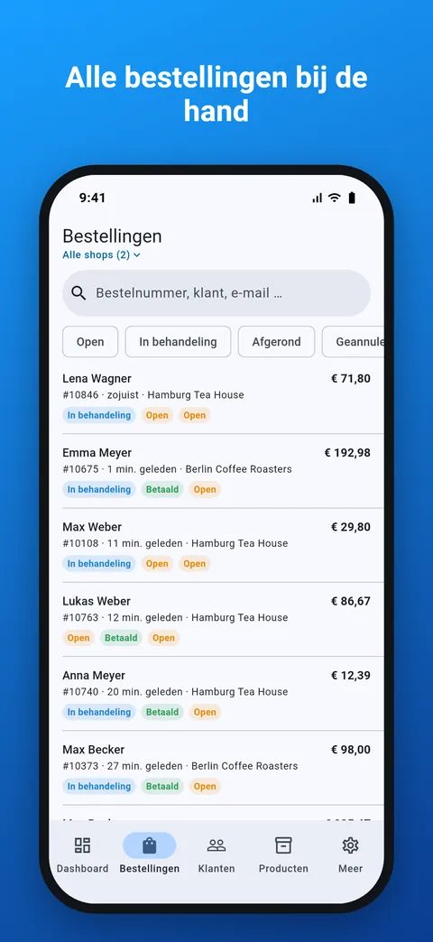 Lijst van alle bestellingen met zoekfunctie en statusfilter