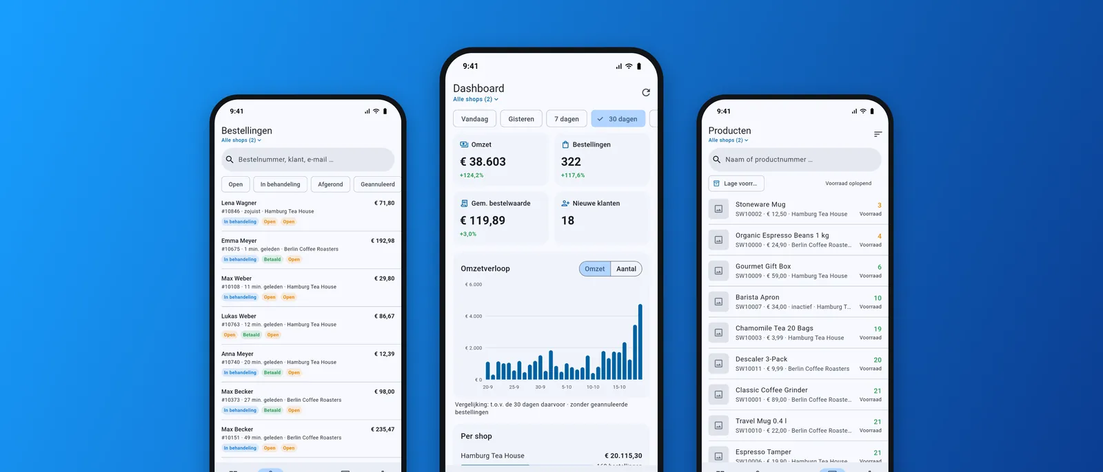 Drie schermen van de app: bestellingen, dashboard en producten