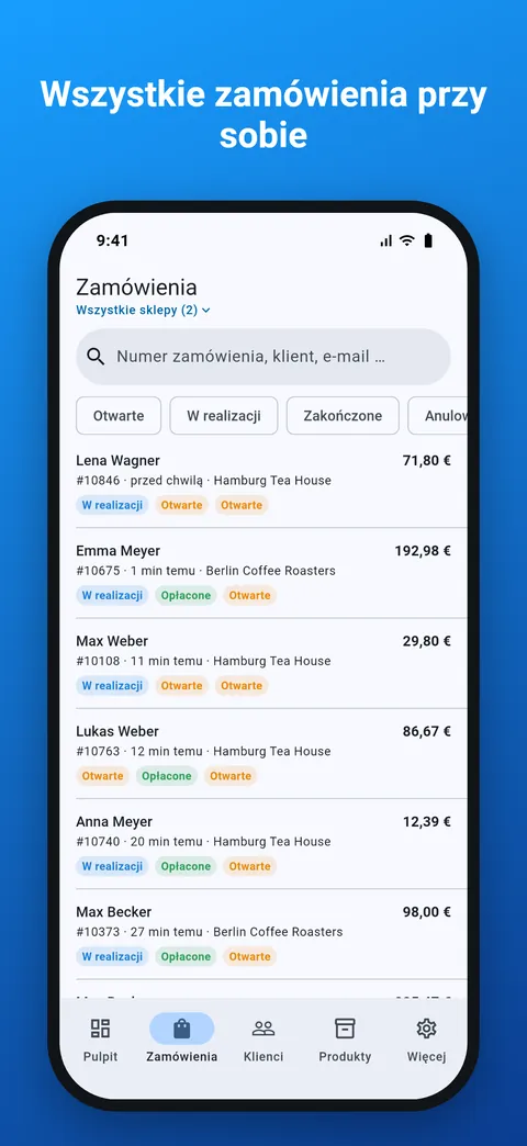 Lista wszystkich zamówień z wyszukiwaniem i filtrem statusu