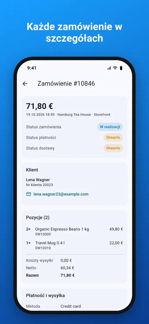 Szczegóły zamówienia z pozycjami, adresami, płatnością i wysyłką