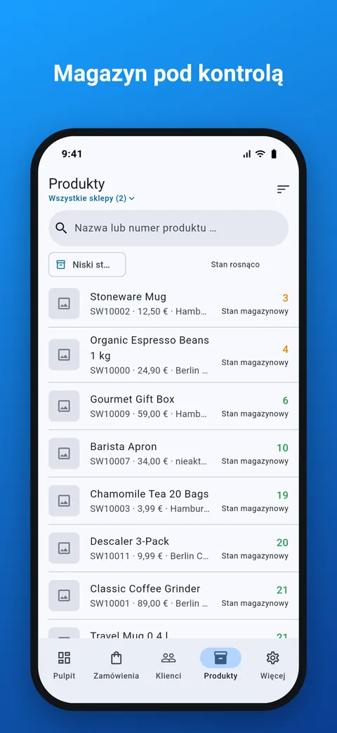 Produkty posortowane od najniższego stanu