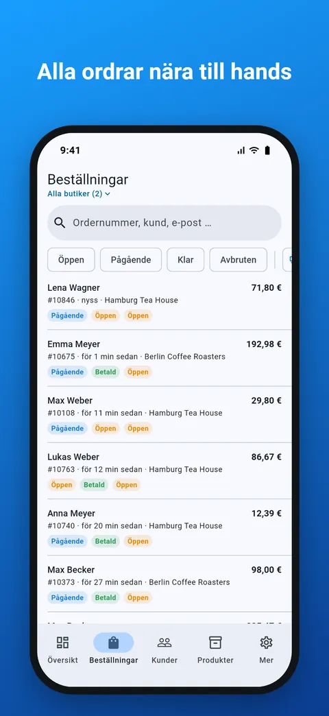 Lista över alla ordrar med sökning och statusfilter