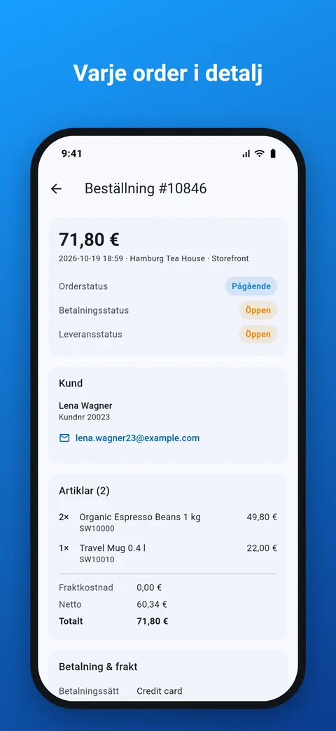 Orderdetaljer med artiklar, adresser, betalning och leverans